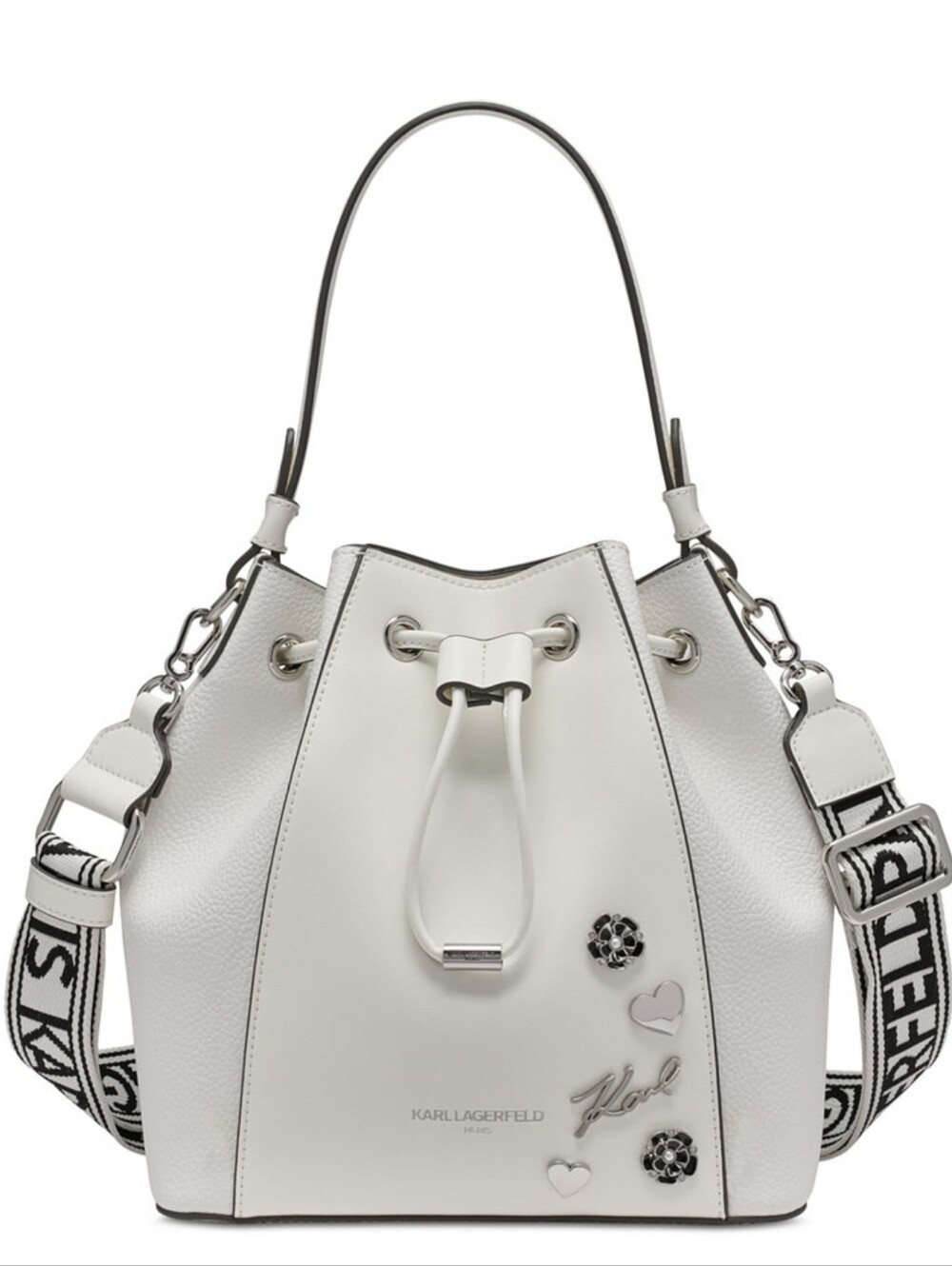 Karl Lagerfeld Paris White Leather Purse Drawstring Bucket Crossbody Bag